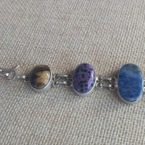 Sterling Silver Vintage Multi -Stone Tiger Eye, Sodalite Bracelet - Picture 8 of 12